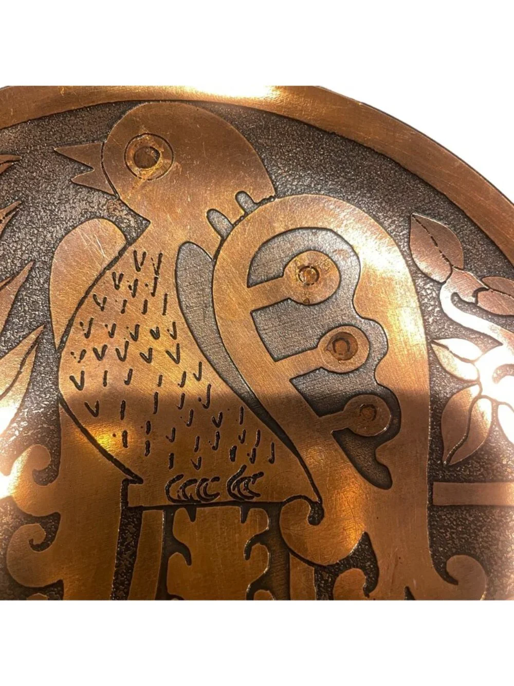 Set of Vintage Etched Copper Chilean Art Plates Folk Art Modernist Birds